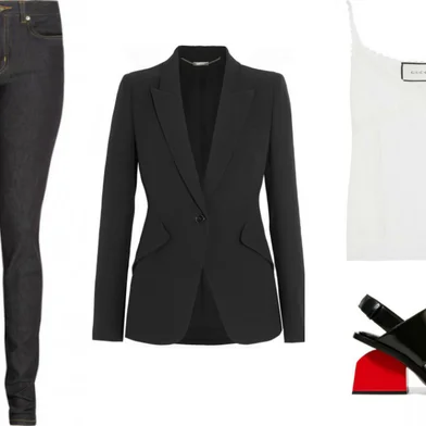 (Fotos: Netaporter.com/Reprodução) Calça Saint Laurent, blazer Alexander McQueen, regata G