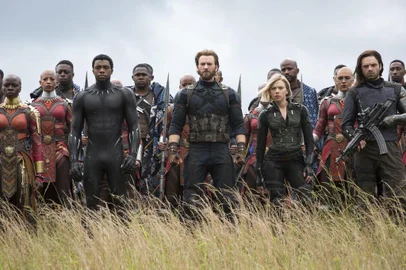 Marvel Studios AVENGERS: INFINITY WAR..L to R: Okoye (Danai Gurira), Black Panther/TChalla (Chadwick Boseman), Captain America/Steve Rogers (Chris Evans), Black Widow/Natasha Romanoff (Scarlet Johansson) and Winter Soldier/Bucky Barnes (Sebastian Stan)..Photo: Chuck Zlotnick..Â©Marvel Studios 2018