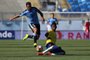  Brazils Vitor (R) vies for the ball with Uruguays Facundo Batista (L) during their South American U-20 football match at El Teniente stadium in Rancagua, Chile on February 4, 2019. (Photo by CLAUDIO REYES / AFP)Editoria: SPOLocal: RancaguaIndexador: CLAUDIO REYESSecao: soccerFonte: AFPFotógrafo: STR