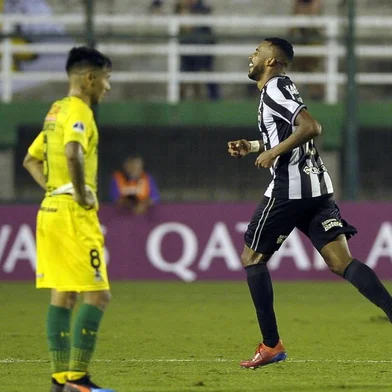 Brazil's Botafogo Alex Santana (R) celebrates after scoring during a Copa Sudamericana first round second leg football match against Argentina's Defensa y Justicia at Norberto Tomaghello stadium in Florencio Varela, Buenos Aires province on February 20, 2019. (Photo by JAVIER GONZALEZ TOLEDO / AFP)