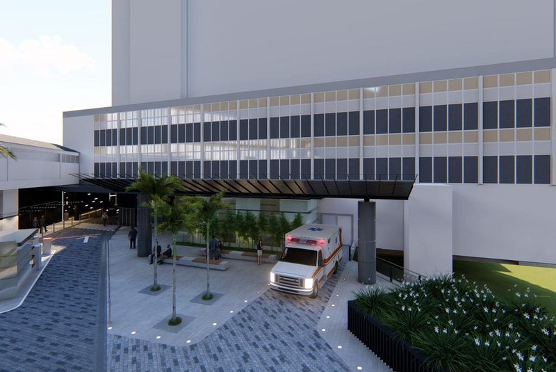 Simulação de como ficará a fachada da nova Emergência Pediátrica Elone Schneider Vontobel do Hospital Moinhos de Vento, em Porto Alegre. 