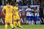  Chiles Universidad Catolica players celebrate after scoring a goal against Argentinas Rosario Central during a Copa Libertadores football match at the San Carlos de Apoquindo stadium in Santiago, on March 13, 2019. (Photo by MARTIN BERNETTI / AFP)Editoria: SPOLocal: SantiagoIndexador: MARTIN BERNETTISecao: soccerFonte: AFPFotógrafo: STF