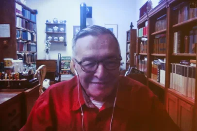  PORTO ALEGRE, RS, BRASIL, 09/04/2019- Olavo de Carvalho, por vídeo conferência, no fórum da liberdade na PUCRS.(FOTOGRAFO: OMAR FREITAS / AGENCIA RBS)