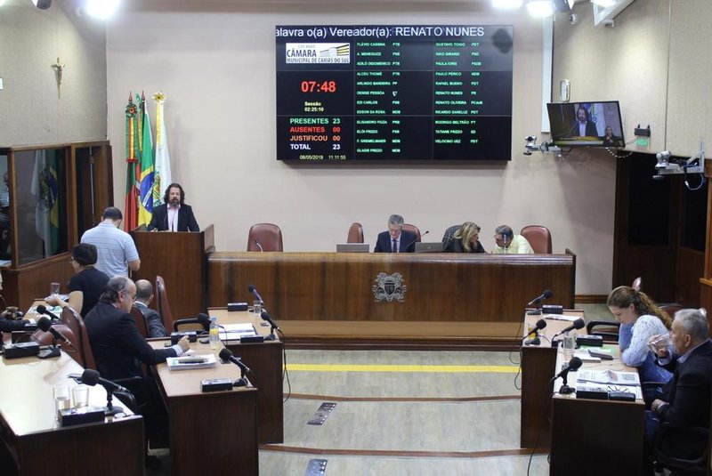Plenário da Câmara de Vereadores na sessão de quarta-feira, 8 de maio. Tempo está quente nos discursos. Na foto, discurso do vereador Renato Nunes (PRB).