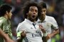 Real Madrid's Brazilian defender Marcelo celebrates after scoring during the UEFA Champions League football match Real Madrid CF vs Legia  Legia Warszawa at the Santiago Bernabeu stadium in Madrid on October 18, 2016. / AFP PHOTO / PIERRE-PHILIPPE MARCOU