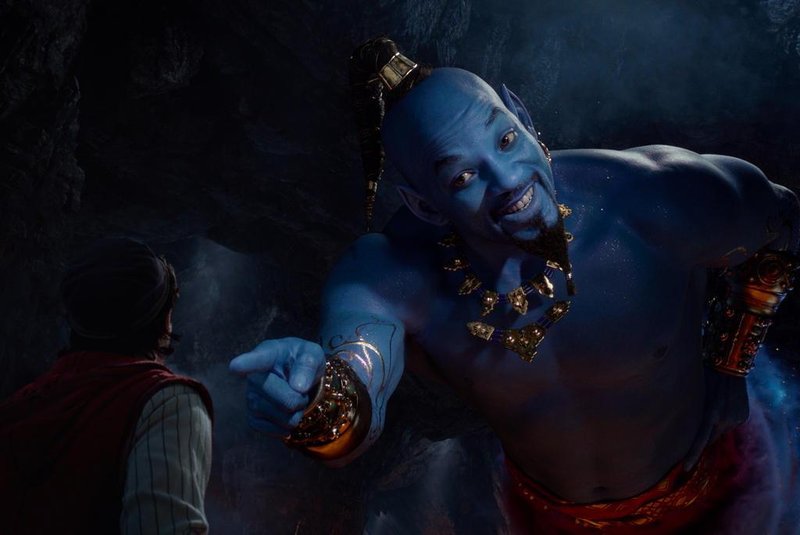 Aladdin (Mena Massoud) meets the larger-than-life blue Genie (Will Smith) in DisneyÃ¢â¬â¢s live-action adaptation ALADDIN, directed by Guy Ritchie.
