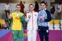 Lima, Tuesday July 30, 2019  - From left to right, Arthur Zanetti from Brazil with silver medal, Fabian De Luna from Mexico with golden medal and Federico Molinari from Argentina with bronze medal poses after the Rings Men Finals Gymnastics Artistic competition at Polideportivo Villa El Salvador at Pan American Games Lima 2019.  Copyright  Cesar Fajardo / Lima 2019Mandatory credits: Lima 2019** NO SALES ** NO ARCHIVES **