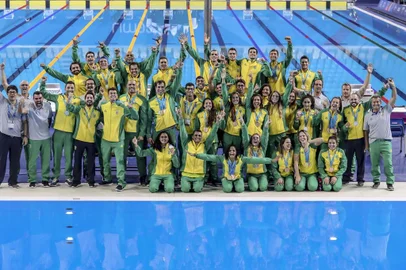  10.08.2019 - Jogos Panamericanos Lima 2019 - Lima (PER)  - VIDENA - NataÃ§Ã£o - .na foto: NataÃ§Ã£o celebra 30 medalhas nos jogos Pan-americanos de Lima 2019.Foto: Â©Wander Roberto/COBIndexador: Wander Roberto/COBFotógrafo: Wander Roberto/COB