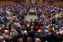 Data: 03/09/2019A video grab from footage broadcast by the UK Parliaments Parliamentary Recording Unit (PRU) shows MPs waiting in the chamber for the result of the vote on the Standing Order 24 emergency debate on a no-deal Brexit in the House of Commons in London on September 3, 2019. - Prime Minister Boris Johnson was braced for a showdown with parliament on Tuesday over his Brexit plan that could spark a snap election and derail Britains exit from the European Union next month. (Photo by - / PRU / AFP) / RESTRICTED TO EDITORIAL USE - MANDATORY CREDIT  AFP PHOTO / PRU  - NO USE FOR ENTERTAINMENT, SATIRICAL, MARKETING OR ADVERTISING CAMPAIGNS - EDITORS NOTE THE IMAGE HAS BEEN DIGITALLY ALTERED AT SOURCE TO OBSCURE VISIBLE DOCUMENTS