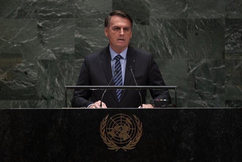  Jair Bolsonaro, President of Brazil speaks at the 74th session of the United Nations General Assembly September 24, 2019, in New York. (Photo by Johannes EISELE / AFP)Editoria: POLLocal: New YorkIndexador: JOHANNES EISELESecao: politics (general)Fonte: AFPFotógrafo: STF