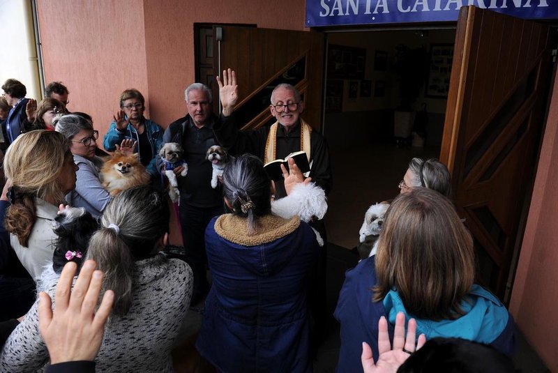  CAXIAS DO SUL, RS, BRASIL, 04/10/2019 - Cerca de 15 cachorros receberam a Bênção dos Animais concedida pelo Frei Celso Brodignon. A cerimônia ocorreu na paróquia Santa Catarina. (Marcelo Casagrande/Agência RBS)