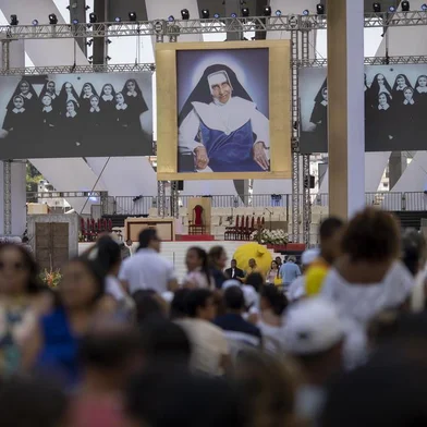 View of the altar during Canonization ceremony of Saint Dulce Mother of the poor, at the Fonte Nova Arena Stadium in the city of Salvador, Bahia state, on October 20, 2019. - Saint Dulce is well-know among Bahia citizens as The good angel of Bahia. Dulce found the Charitable Works Foundation of Sister Dulce (OSID), that include Santo Antonio Hospital, one of the most important hospital of the northeast region of Brazil. (Photo by MAURO PIMENTEL / AFP)