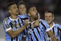  Brazils Gremio midfielder Michel (C) celebrates with teammate midfielder Cicero (L) after scoring a goal against Argentinas River Plate during the Copa Libertadores 2018 semifinals first leg football match at the Monumental stadium in Buenos Aires, Argentina, on October 23, 2018. (Photo by JUAN MABROMATA / AFP)Editoria: SPOLocal: Buenos AiresIndexador: JUAN MABROMATASecao: soccerFonte: AFPFotógrafo: STF