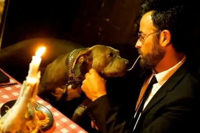 Ator Justin Theroux recria cena de A Dama e o Vagabundo com sua pitbull em pré-estreia