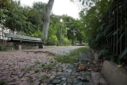 PORTO ALEGRE, RS, BRASIL - 2019.01.06 - A Praça da Matriz está com calçada de pedras portuguesas danificada, jardim abandonado e bancos deteriorados. (Foto: ANDRÉ ÁVILA/ Agência RBS)