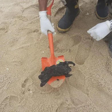  **EM BAIXA**QUISSAMÃ, RJ, BRASIL, 25/11/2019- Fragmentos de óleo recolidos em praia de Quissamã. Foto: Defesa Civil de Quissamã / Divulgação)