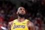 PORTLAND, OR - OCTOBER 18: LeBron James #23 of the Los Angeles Lakers looks on during the game against the Portland Trail Blazers on October 18, 2018 at the Moda Center in Portland, Oregon. NOTE TO USER: User expressly acknowledges and agrees that, by downloading and/or using this photograph, user is consenting to the terms and conditions of the Getty Images License Agreement. Mandatory Copyright Notice: Copyright 2018 NBAE   Sam Forencich/NBAE via Getty Images/AFP