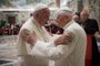  This handout picture released by the Vatican press office shows Pope Francis (L) during a celebration to mark the 65th anniversary of the ordination of Pope Emeritus Benedict XVI (R) on June 28, 2016 at the Vatican.Three years after he became the first pope to retire in seven centuries, the 89-year-old German confounded rumours that his health was failing by standing for nearly ten minutes as he spoke in a clearly audible, steady voice in a mixture of Italian and Latin. / AFP PHOTO / OSSERVATORE ROMANO / HO / RESTRICTED TO EDITORIAL USE - MANDATORY CREDIT AFP PHOTO / OSSERVATORE ROMANO - NO MARKETING NO ADVERTISING CAMPAIGNS - DISTRIBUTED AS A SERVICE TO CLIENTSEditoria: RELLocal: Vatican CityIndexador: HOSecao: popeFonte: OSSERVATORE ROMANOFotógrafo: STR<!-- NICAID(12286234) -->