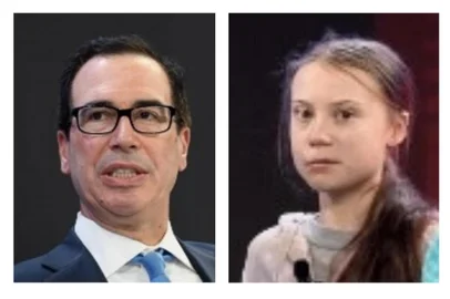 Secretário do Tesouro dos EUA, Steven Mnuchin, e Greta Thunberg trocam farpas em Davos.<!-- NICAID(14396687) -->