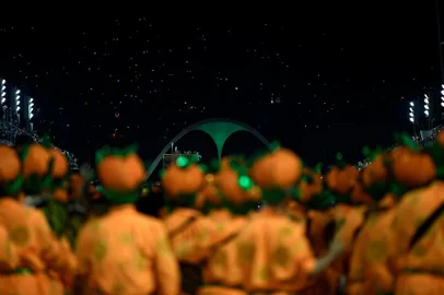 Members of the Sao Clemente samba school perform during the last night of Rio's Carnival parade at the Sambadrome Marques de Sapucai in Rio de Janeiro, Brazil, on February 24, 2020. (Photo by Mauro PIMENTEL / AFP)<!-- NICAID(14430738) -->