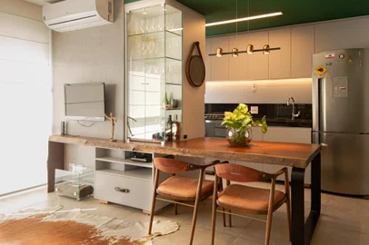 Fernanda Salvagni, verde, madeira, couro, ferro, vidro, cozinha, sala, estante<!-- NICAID(14433524) -->