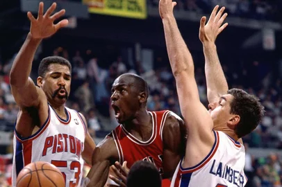 DETROIT - 1989:  Michael Jordan #23 of the Chicago Bulls drives to basket against the Detroit Pistons during the 1989 season NBA game in Detroit, Michigan.  NOTE TO USER: User expressly acknowledges and agrees that, by downloading and/or using this Photograph, User is consenting to the terms and conditions of the Getty Images License Agreement.  Mandatory copyright notice: Copyright 1989 NBAE  (Photo by Andrew D. Bernstein/NBAE via Getty Images) <!-- NICAID(14498757) -->