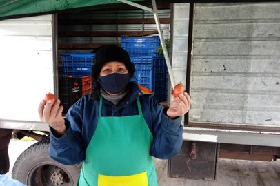 No Dia do Colono,agricultores contam como é trabalhar no campo Para quem vive da terra, o clima é um aliado ou um obstáculo a temer. O frio já parece nem ser mais sentido da mesma maneira, porque já faz parte da rotina de quem acorda de madrugada para vender o que produz. Seja em fruteiras ou na Feira Ecológica de Caxias do Sul, faça chuva ou sol, os produtores estão à espera de clientes com frutas, verduras e legumes cultivados em suas propriedades para chegar às casas dos consumidores. No Dia do Colono, celebrado nesta sábado (25), não seria diferente. Os termômetros marcavam seis graus por volta das 11h. O vento estava gelado e poucas pessoas circulavam pela Praça das Feiras em Caxias do Sul. Quem vê frutas e legumes fresquinhos, não imagina como é a produção, e o desafio de cultivar sem adubo, por exemplo. Na foto,  Maria de Lourdes Viera, 59 anos.<!-- NICAID(14553511) -->