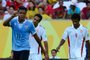 Uruguays forward Abel Hernandez (L) celebrates after scoring against Tahiti during their FIFA Confederations Cup Brazil 2013 Group B football match, at the Pernambuco Arena in Recife on June 23, 2013.    AFP PHOTO / DANIEL GARCIA<!-- NICAID(9505694) -->