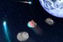 Imagem conceitual do céu que esclarece diferenças entre meteoros, meteoritos, asteroides, cometas e bólidos<!-- NICAID(11622599) -->