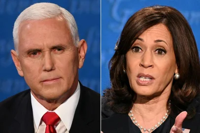(COMBO) This combination of pictures created on October 07, 2020 shows US Vice President Mike Pence and US Democratic vice presidential nominee and Senator from California Kamala Harris during the vice presidential debate in Kingsbury Hall at the University of Utah on October 7, 2020, in Salt Lake City, Utah. (Photos by Eric BARADAT and Robyn Beck / AFP)<!-- NICAID(14611880) -->