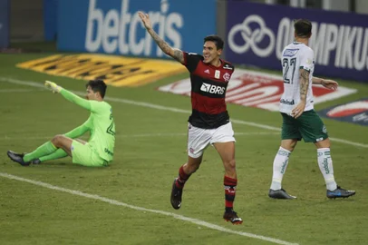 FLAMENGO X GOIÁSRJ - BRASILEIRÃO/FLAMENGO X GOIÁS - ESPORTES - Comemoração do gol de Pedro, do Flamengo, segundo dele marcado diante do Goiás, durante   partida válida pela 11ª rodada do Campeonato Brasileiro 2020, que foi adiada   anteriormente, realizada no Estádio Jornalista Mário Filho (Maracanã), na zona norte do   Rio de Janeiro, nesta terça- feira, 13 de outubro de 2020. O Flamengo venceu por 2 a 1.    13/10/2020 - Foto: PAULO SéRGIO/AGÊNCIA F8/ESTADÃO CONTEÚDOEditoria: ESPORTESLocal: RIO DE JANEIROIndexador: PAULO SéRGIOFonte: www.agenciaf8.comFotógrafo: AGÊNCIA F8<!-- NICAID(14615634) -->