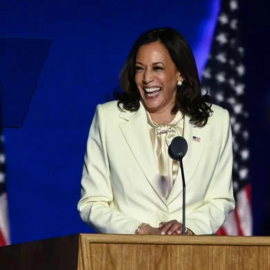 Vice President-elect Kamala Harris delivers remarks in Wilmington, Delaware, on November 7, 2020, after being declared the winner with Joe Biden of the presidential election. (Photo by Jim WATSON / AFP)<!-- NICAID(14637482) -->