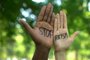  Interracial people hands with stop racism phrase, fight against discriminationFonte: 264927759<!-- NICAID(14648161) -->