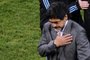 Diego Maradona não é mais o técnico da seleção argentina. A foto mostra ele a lamentar a desclassificação da Copa da África com goelada de 4 a 0 para a Alemanha em 4 de julho de 2010<!-- NICAID(5351729) -->