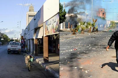 (COMBO) This combination of pictures created on November 18, 2020 shows Tunisian vehicles at Habib Bourguiba street in Regueb near Sidi Bouzid on October 27, 2020 and a Tunisian demonstrator covering his face as he holds a rock during clashes with security forces on January 10, 2011 at the same place. - Ten years ago, a wildfire of revolts in the Arab world touched off an unlikely series of events that swelled, then dashed many hopes, and irrevocably changed the region. (Photos by FETHI BELAID / AFP)Editoria: WARLocal: ReguebIndexador: FETHI BELAIDSecao: conflict (general)Fonte: AFPFotógrafo: STR<!-- NICAID(14662238) -->