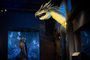 A member of staff poses with a prop of a Hungarian Horntail dragon made for the Fantastic Beasts film series at the press view of Fantastic Beasts: The Wonder of Nature exhibition at Natural History Exhibition in London on December 7, 2020. (Photo by Tolga Akmen / AFP) / EMBARGOED - NOT FOR USE ON ANY PLATFORM UNTIL WEDNESDAY DECEMBER 9, 2020 0001GMT<!-- NICAID(14664504) -->