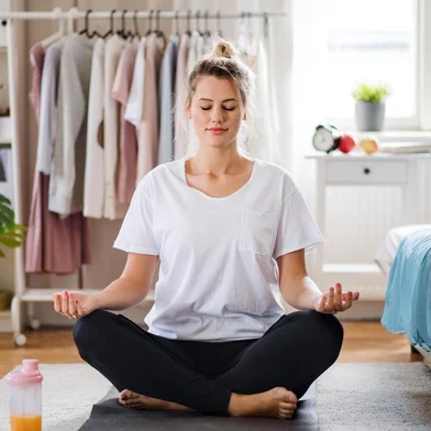 Young woman doing yoga exercise indoors at home, meditating.PORTO ALEGRE, RS, BRASIL,30/03/2020, Meditação, epiritualidade, zen. Foto: Halfpoint / stock.adobe.comFonte: 303989517<!-- NICAID(14464869) -->
