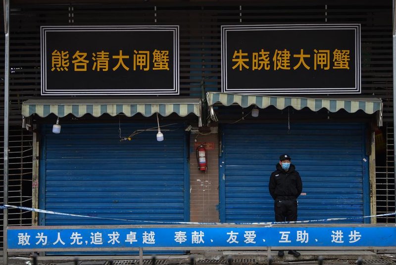 A security guard stands outside the Huanan Seafood Wholesale Market where the coronavirus was detected in Wuhan on January 24, 2020 - The death toll in Chinas viral outbreak has risen to 25, with the number of confirmed cases also leaping to 830, the national health commission said. (Photo by Hector RETAMAL / AFP)<!-- NICAID(14397048) -->