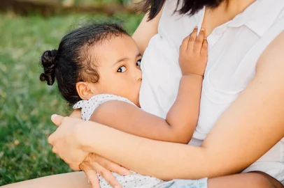 Young unrecognizable mother breastfeeding a dark-skinned toddler baby girl in nature - maternity concept. Little hispanic girl looking at camera. Close up09/03/2021- Amamentação prolongada. Foto: Iryna  / stock.adobe.comIndexador: Iryna InshynaFonte: 179728891<!-- NICAID(14731240) -->
