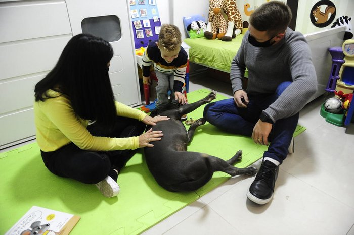 Augusto brinca com a pitbull Margot, companheira da família