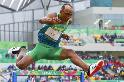 LIMA, PERU - AUGUST 06: Alison dos Santos of Brazil competes 400m Hurdles during Lima 2019 Pan Am Games.  August 06, 2019 in Lima, Peru.<!-- NICAID(14827272) -->