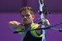 Brazils Marcus DAlmeida competes in mens individual qualifying at the Tokyo 2020 Olympic Games at the Yumenoshima park Archery field in Tokyo on July 28, 2021. (Photo by ADEK BERRY / AFP)<!-- NICAID(14846556) -->