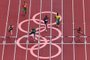 An overview shows (From L) Algerias Abdelmalik Lahoulou, Hungarys Mate Koroknai, Brazils Alison Dos Santos, Frances Ludvy Vaillant, Jamaicas Kemar Mowatt, Taiwans Chieh Chen and Qatars Abderrahman Samba compete in the mens 400m hurdles heats during the Tokyo 2020 Olympic Games at the Olympic Stadium in Tokyo on July 30, 2021. (Photo by Antonin THUILLIER / AFP)<!-- NICAID(14849252) -->