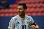 Argentinas Lionel Messi gestures during the Conmebol 2021 Copa America football tournament semi-final match against Colombia, at the Mane Garrincha Stadium in Brasilia, Brazil, on July 6, 2021. (Photo by NELSON ALMEIDA / AFP)<!-- NICAID(14830778) -->