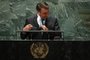 Brazils President Jair Bolsonaro addresses the 76th Session of the UN General Assembly on September 21, 2021 in New York. - The summit will feature the first speech to the world body by US President Joe Biden, who has described a rising and authoritarian China as the paramount challenge of the 21st century. (Photo by POOL / AFP)Editoria: POLLocal: New YorkSecao: politics (general)Fonte: POOL<!-- NICAID(14894609) -->