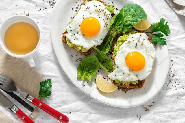 Top view healthy avocado toasts breakfast lunch fried eggs cup tea healthy breakfastCafé da manhã saudavel. Foto: kucherav  / stock.adobe.comFonte: 234222036<!-- NICAID(14791160) -->