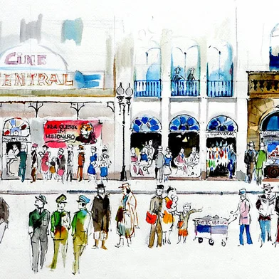 Numa aquarela de 2007, Gheno retratou os frequentadores do Largo dos Medeiros.<!-- NICAID(15051197) -->