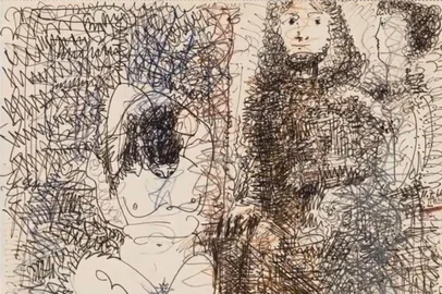 Desenho Trois Personnages (1966), de Pablo Picasso. Reprodução de vídeo do site de leilões Tajan.<!-- NICAID(15151495) -->