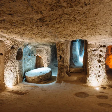 Derinkuyu é uma cidade subterrânea localizada na Turquia. Ela fica há 85 metros de profundidade da Capadócia. A cidade foi redescoberta em 1963.<!-- NICAID(15197876) -->