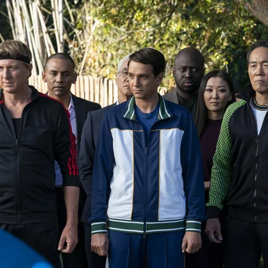 Cobra Kai. (L to R) William Zabka as Johnny Lawrence, Ralph Macchio as Daniel LaRusso, Yuji Okumoto as Chozen Toguchi in Cobra Kai. Cr. Curtis Bonds Baker/Netflix Â© 2022<!-- NICAID(15200042) -->